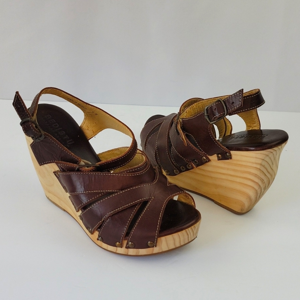 Bed Stu Cynthia Wood Heel Leather Wedges Brown Size 9